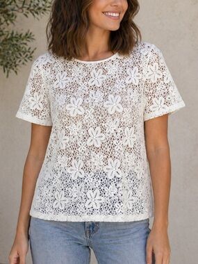 Ruby Rd White Short Sleeve Floral Lace Blouse size 12